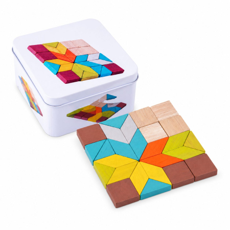 Jucării din lemn - Jucarie Educativa din Lemn, Puzzle Mozaic Montessori, 26 Piese Geometrice, Cutie Metalica pentru Depozitare, 100 g, Multicolor