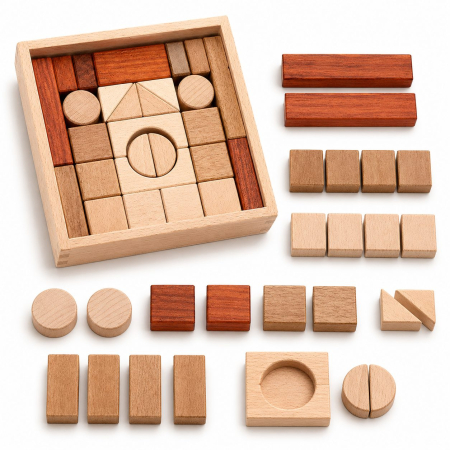 Jucării din lemn - Jucarie Educativa din Lemn, Set Cuburi de Constructie cu Tavita, Piese Geometrice din Lemn Masiv, Dezvolta Creativitatea si Indemanarea, 17.5x17.5x3.5 cm, Maro