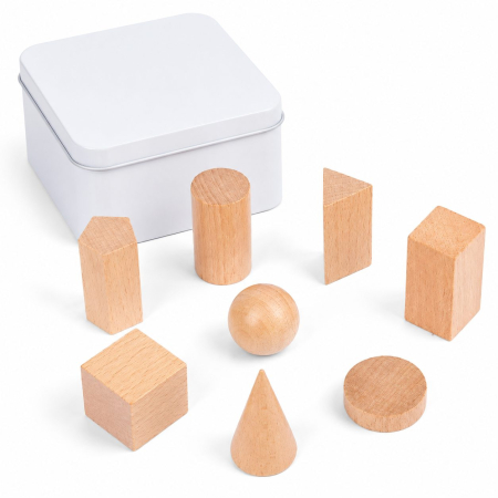 Jucării din lemn - Jucarie Educativa din Lemn, Set Montessori cu 7 Forme Geometrice 3D, Cutie Metalica, 8 Piese, 0.19 kg, Natur
