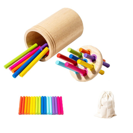 Jucării din lemn - Jucarie Educativa Montessori din Lemn, 19 Piese, Sortator cu Betisoare, Joc de Motricitate Fina pentru Copii, Varsta 2+ ani, Saculet Depozitare, 11.3 x 7 cm, Multicolor
