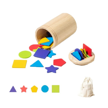 Jucării din lemn - Jucarie Educativa Montessori din Lemn, 28 Piese, Sortator cu Forme Geometrice, Joc de Motricitate Fina pentru Copii, Varsta 2+ ani, Saculet Depozitare, 11.3 x 7 cm, Multicolor