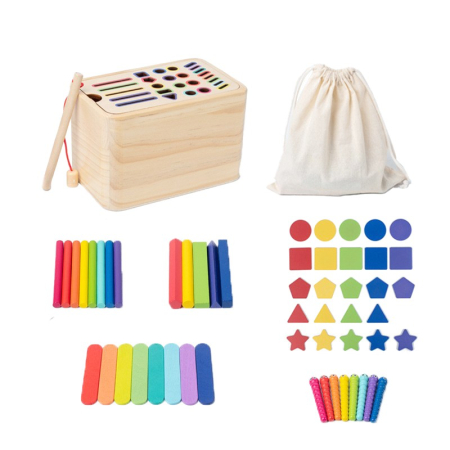 Jucării din lemn - Jucarie Educativa Montessori din Lemn, Cutie Sortare Forme, Culori si Betisoare, Joc de Insirare, 56 piese, Dezvoltare Motricitate Fina, Copii 3+ ani, Multicolor
