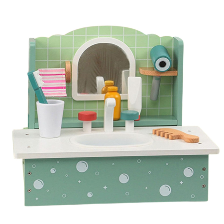 Jucării din lemn - Jucarie Educativa Montessori din Lemn, Masuta de Toaleta si Lavoar Interactiv pentru Copii, Set de Joaca cu Accesorii de Baie si Ingrijire, 2 kg, 3 ani+, Multicolor