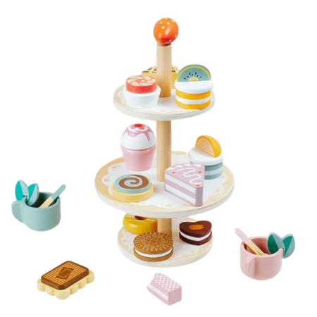 Jucării din lemn - Jucarie Educativa Montessori din Lemn, Set de Joaca Interactiv, Model Etajera cu 3 Niveluri pentru Deserturi si Prajituri, Dezvolta Motricitatea si Imaginatia, 3ani+, Multicolor