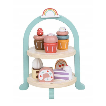 Jucării din lemn - Jucarie Educativa Montessori din Lemn, Set de Joaca Interactiv, Model Royal Afternoon Tea cu Etajera 2 Niveluri si Prajituri, Dezvolta Motricitatea si Imaginatia, 3ani+, Multicolor