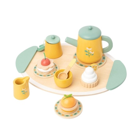 Jucării din lemn - Jucarie Educativa Montessori din Lemn, Set de Joaca Interactiv, Model Royal Tea cu Margarete si Prajituri, Dezvolta Motricitatea si Abilitatile Sociale, 3ani+, Multicolor