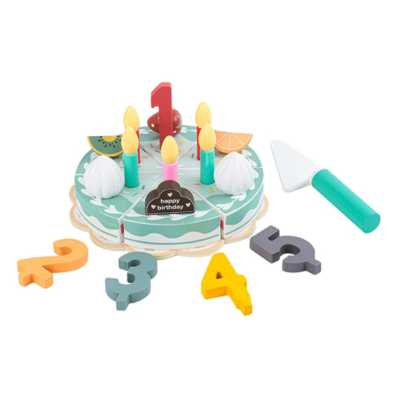 Jucării din lemn - Jucarie Educativa Montessori din Lemn, Set de Joaca Interactiv, Model Tort Aniversar Interactiv cu Velcro, Include Cifre 1-5 si Accesorii de Taiere, Dezvolta Motricitatea si Imaginatia, 3ani+