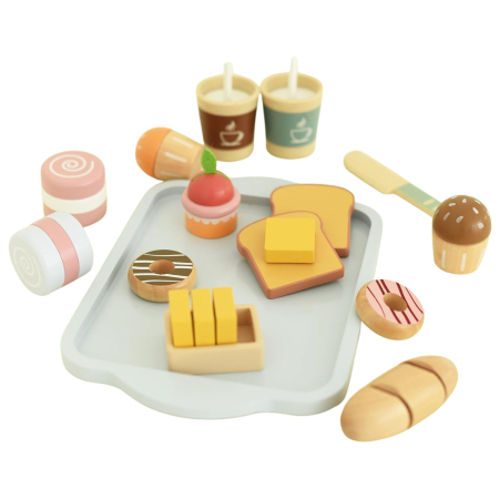 Jucării din lemn - Jucarie Educativa Montessori din Lemn, Set de Mic Dejun Interactiv cu Tava si 15+ Accesorii, Prajituri cu Scai, Dezvolta Motricitatea si Dexteritatea, 3ani+, Multicolor
