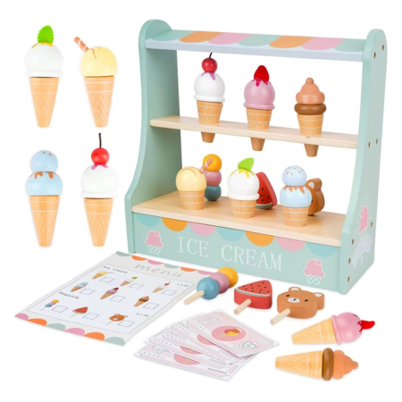 Jucării din lemn - Jucarie Educativa Montessori din Lemn, Stand de Inghetata Interactiv cu 25+ Accesorii, Include Meniu si Bani de Jucarie, Dezvolta Motricitatea si Abilitatile Sociale, 3ani+, Multicolor
