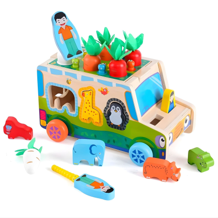 Jucării din lemn - Jucarie Educativa Montessori, Model Masinuta Educativa din Lemn 6 in 1, Sortator Forme, 1-3 ani, 23.7 x 17.5 x 12 cm, Multicolor