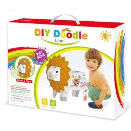 Jucării educative - Jucarie Educativa pentru Copii, Model Leu 3D, Puzzle 3D de Asamblat si Colorat din Carton, Educativ, 41 x 12 x 33 cm, 3+ ani, Maro/Alb