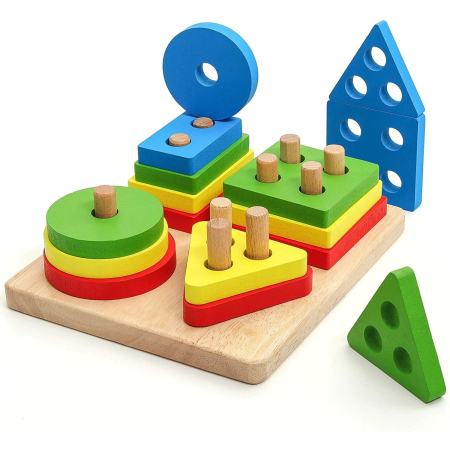 Jucării - Jucarie Educativa Tip Montessori, din Lemn, + 36 Luni, Forme Geometrice, 16 Piese, 12 x 12 cm, Multicolor