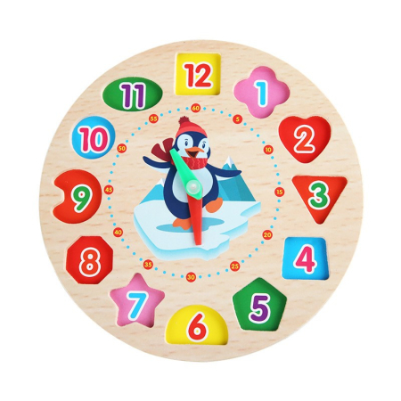 Jucării din lemn - Jucarie Educativa Tip Montessori, Model Ceas Pinguin, din Lemn, + 36 Luni, 12 Piese, 17.2 cm, Multicolor