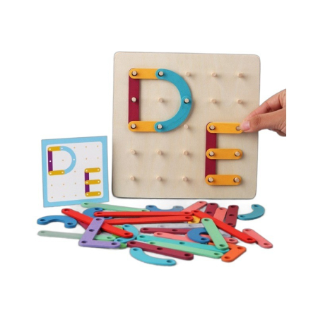Jucării din lemn - Jucarie Montessori Pegboard, din Lemn, Tip Puzzle, Forme, Litere, Educativ, 17.8 x 17.8 x 1.5 cm, Multicolor