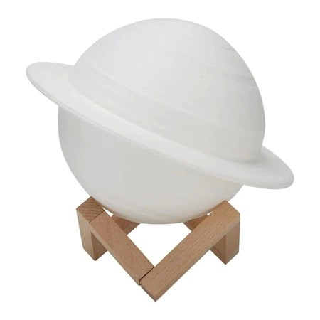 Lămpi de veghe - Lampa de Veghe, Model Planeta Saturn, 3D, Lumina Alb Cald, Suport din Plastic, cu Baterii, 13 cm, Alb