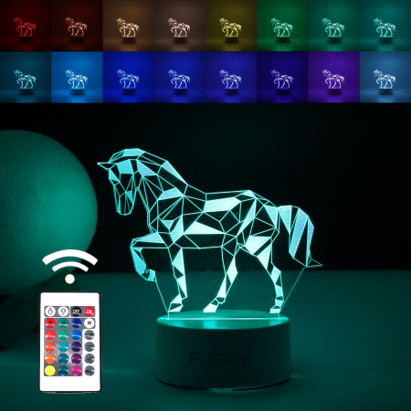Lămpi de veghe - Lampa LED decorativa, 3D, Cal, cu telecomanda, doua moduri de alimentare USB si baterii, 20 cm inaltime, din material acril si lumina multicolora, alb