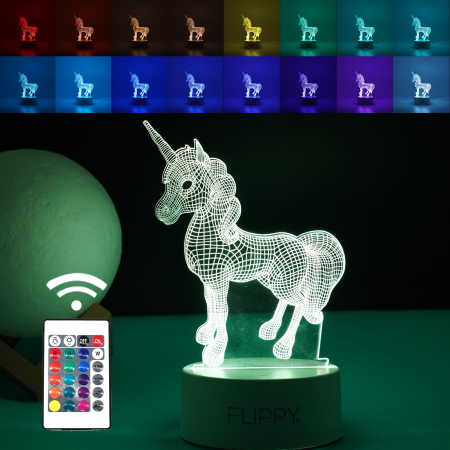 Lămpi de veghe - Lampa LED decorativa, 3D, Unicorn, cu USB si baterii, 20 cm inaltime, din material acril, lumina multicolora si telecomanda inclusa, alb