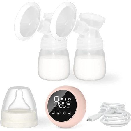 Accesorii bebeluși - Pompa de San Electrica 2 in 1, cu 2 Biberoane, Capacitate 180 ml, Incarcare USB Tip C, 1200 mAh, 2 Moduri, 9 Viteze, Roz Transparent
