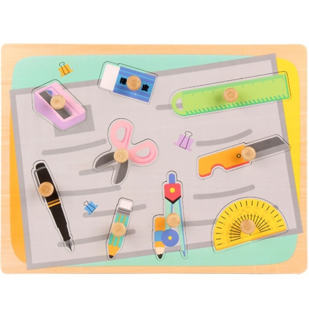 Jucării din lemn - Puzzle Montessori din Lemn pentru Copii, 0-3 Ani, 3D, Model Instrumente Matematice, Educativ, Intuitiv, Creativ, 9 Piese, 30x22.5x0.8 cm, Multicolor