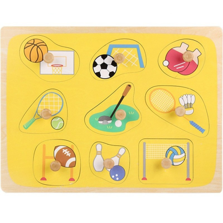 Jucării din lemn - Puzzle Montessori din Lemn pentru Copii, 0-3 Ani, 3D, Model Sporturi, Educativ, Intuitiv, Creativ, 9 Piese, 30x22.5x0.8 cm, Multicolor