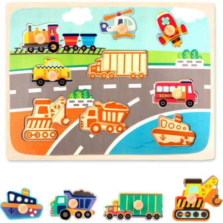 Jucării din lemn - Puzzle Montessori din Lemn pentru Copii, 0-3 Ani, 3D, Model Transporturi, Educativ, Intuitiv, Creativ, 9 Piese, 30x22.5x0.8 cm, Multicolor