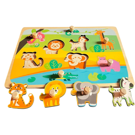Jucării educative - Puzzle Montessori din Lemn pentru Copii, 0-3 Ani, Model Animale din Jungla, Educativ, Intuitiv, Creativ, 9 Piese, 30x22.5x0.8 cm, Multicolor