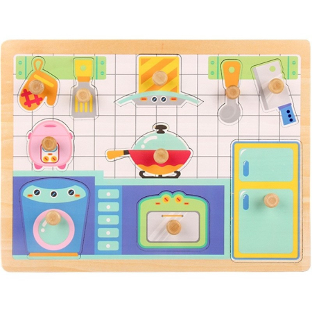 Jucării din lemn - Puzzle Montessori din Lemn pentru Copii, 3D, 0-3 Ani, Model Bucatarie, Educativ, Intuitiv, Creativ, 10 Piese, 30x22.5x0.8 cm, Multicolor