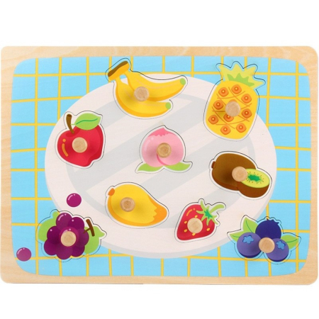 Jucării din lemn - Puzzle Montessori din Lemn pentru Copii, 3D, 0-3 Ani, Model Fructe, Educativ, Intuitiv, Creativ, 9 Piese, 30x22.5x0.8 cm, Multicolor