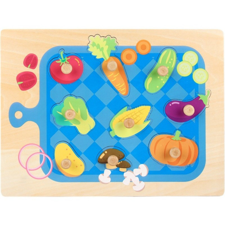 Jucării din lemn - Puzzle Montessori din Lemn pentru Copii, 3D, 0-3 Ani, Model Legume, Educativ, Intuitiv, Creativ, 9 Piese, 30x22.5x0.8 cm, Multicolor