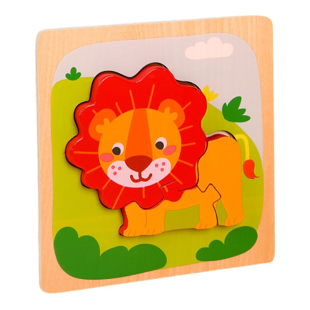 Jucării din lemn - Puzzle Montessori din Lemn pentru Copii, 3D, 0-3 Ani, Model Leu, Educativ, Intuitiv, Creativ, 3 Piese, 15x15x0.5 cm, Multicolor