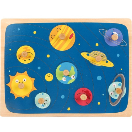 Jucării din lemn - Puzzle Montessori din Lemn pentru Copii, 3D, 0-3 Ani, Model Sistemul Solar, Educativ, Intuitiv, Creativ, 9 Piese, 30x22.5x0.8 cm, Multicolor