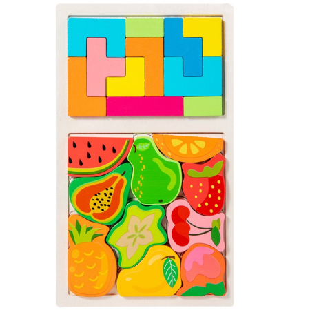 Jucării din lemn - Puzzle Montessori din Lemn pentru Copii, Tip Tetris 2in1 +3 Ani, cu Fructe Colorate 3D, Educativ, Intuitiv, Creativ, 21 de Piese, 28.5x17x1.2 cm, Multicolor