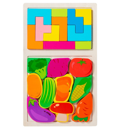 Jucării din lemn - Puzzle Montessori din Lemn pentru Copii, Tip Tetris 2in1 +3 Ani, cu Legume Colorate 3D, Educativ, Intuitiv, Creativ, 21 de Piese, 28.5x17x1.2 cm, Multicolor