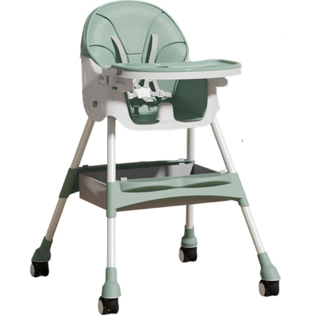 Bebeluși - Scaun de Masa pentru Bebelusi si Copii, cu Roti, Telescopic, Pliabil, Masuta Reglabila, Suport Picioare, Scaun cu Invelis Piele Artificiala, Centura Siguranta, Spatiu Depozitare, 97x73x65 cm