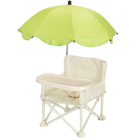 Bebeluși - Scaun de Masa pentru Bebelusi si Copii, Tavita si Husa Detasabile, Multifuncțional, Stabil, Centura de Siguranta, Cos de Depozitare, Bej, cu Umbrela Verde, de la 6 Luni