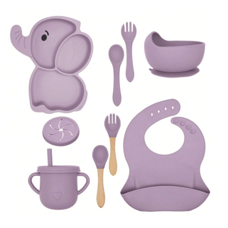 Accesorii bebeluși - Set 10 Piese Servire Masa., pentru Bebelusi si Copii, din Silicon/Lemn, cu Ventuze Anti-alunecare, fara Alergeni. +6 Luni, Model Elefant, Mov