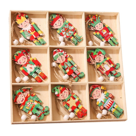 Cadouri și sărbători - Set 18 Decoratiuni de Craciun din Lemn, cu Snur pentru Agatare in Brad, Model Elfi, Diferite Dimensiuni, Multicolor