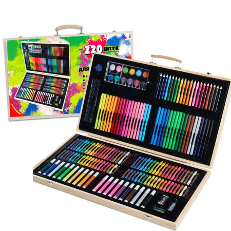 Jucării - Set 220 Piese pentru Desen si Pictura, Tip Servieta din Lemn, Model Natur, 48 x 30 x 5 cm, Multicolor