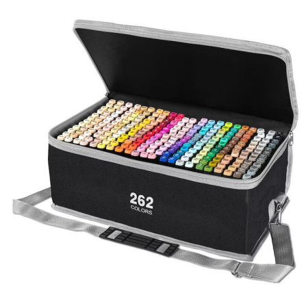 Jucării - Set 262 Markere, Dublu Capat, Subtire 1mm si Gros 6 mm, Geanta Depozitare, Corp Alb, Multicolor
