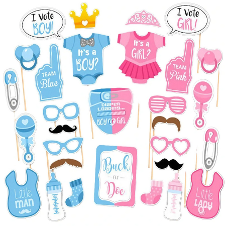 Cadouri și sărbători - Set 30 de Accesorii pentru Petrecere, Props pentru Coltul de Poze, Gender Reveal, Tematica Baby Shower, Albastru-Roz