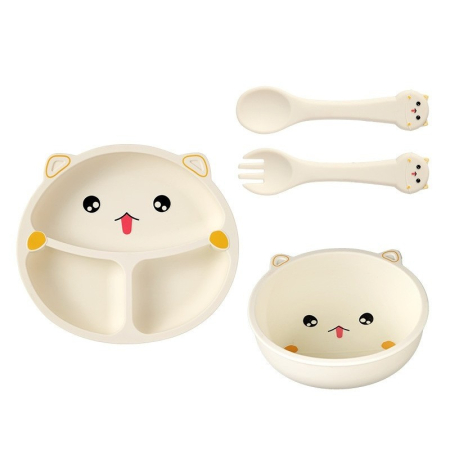 Accesorii bebeluși - Set 4 Piese Hranire Bebelusi si Copii, din Silicon, fara BPA, de la 12 Luni, Model Pisicuta, 28 x 26 x 2 cm, Bej