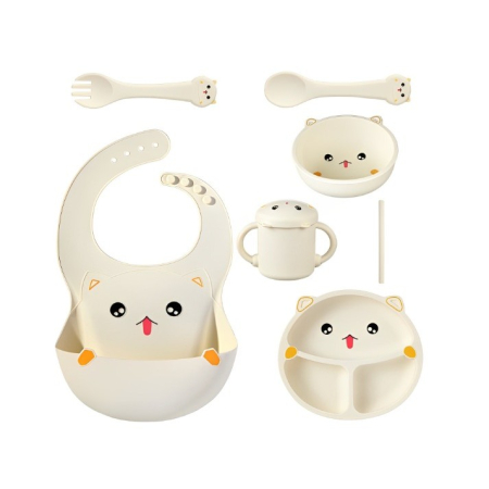 Accesorii bebeluși - Set 7 Piese Hranire Bebelusi si Copii, din Silicon, fara BPA, de la 12 Luni, Model Pisicuta, 30 x 25 x 6 cm, Bej