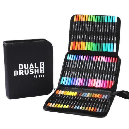 Jucării - Set Carioci pe Baza de Apa, 2 in 1, pentru Pictura, Caligrafie, 72 Culori, Penar Negru, Corp Carioca Negru, 24.5 x 18.5 x 5 cm, Multicolor