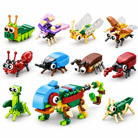 Jucării - Set de Constructie, Model Insecte 10 in 1, 310 Piese, 10 Modele, Varsta 6+ Ani, 14.3x4.5x5.6 cm, Multicolor