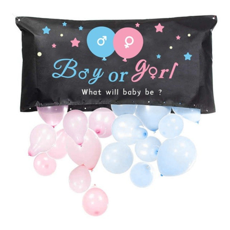Cadouri și sărbători - Set Gender Reveal, Balloon Drop Bag, din Plastic si Latex, 24 Baloane Roz si Albastru 13 cm, Sac pentru Baloane 60 x 120 cm, Multicolor