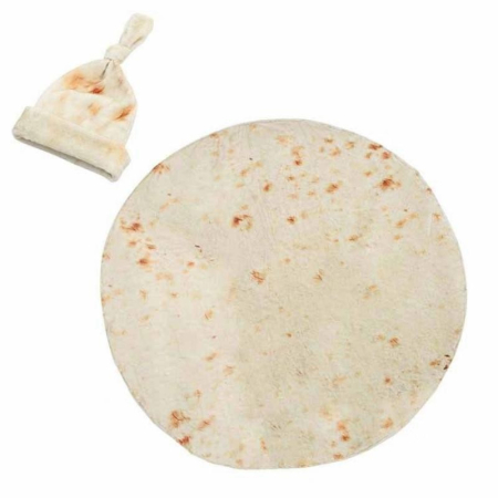Bebeluși - Set patura flanel si caciula, forma lipie, pentru nou-nascuti, material poliester, 85 cm, crem
