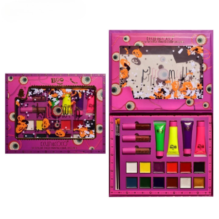 Cadouri și sărbători - Set Produse pentru Pictura Faciala, Kevin&Coco Halloween Face Painting Kit, 12 Culori pentru Machiaj Artistic, 3 Rujuri si 4 Tuburi de Vopsea, Cu Pensule, Multicolor, 25.5 x 20.5 x 2.6 cm