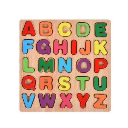 Jucării din lemn - Tabla Montessori, din Lemn, Educatie Timpurie Alfabet, 26 Litere Lemn, +18 Luni, 20 x 20 cm, Vopsea pe Baza de Apa, Multicolor