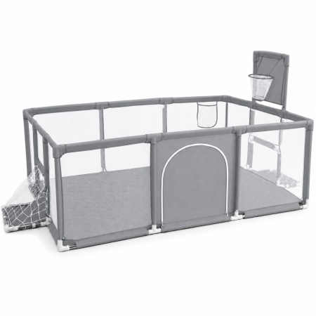 Țarcuri de joacă - Tarc de Joaca pentru Copii DNT-109, Model Spatiu Fotbal si Basketball, 230 x 122 x 65 cm, Margini Acoperite Structura de Protectie pentru Interior, ABS si Poliester rezistent, Gri