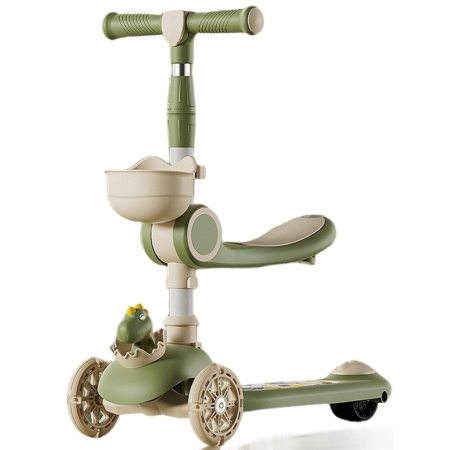 Jucării - Trotineta Multifunctionala 2 in 1, pentru Copii, 1-7 Ani, cu Lumini, Reglabil 360, Pliere Usoara, Reglarea Inaltimii, Model Dinozaur, 67-76 x 24 x 55 cm, Bej/Verde